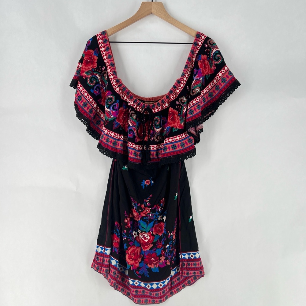 Flying Tomato Floral & Paisley Print Ruffle Layered Neckline Mini Dress Size XS